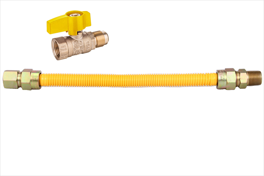 Yellow coated Stainless steel gas connector with gas valve